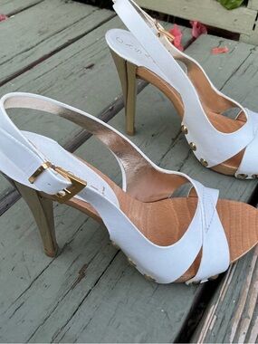 Casadei White Leather Slingback Heels with Gold Hardware